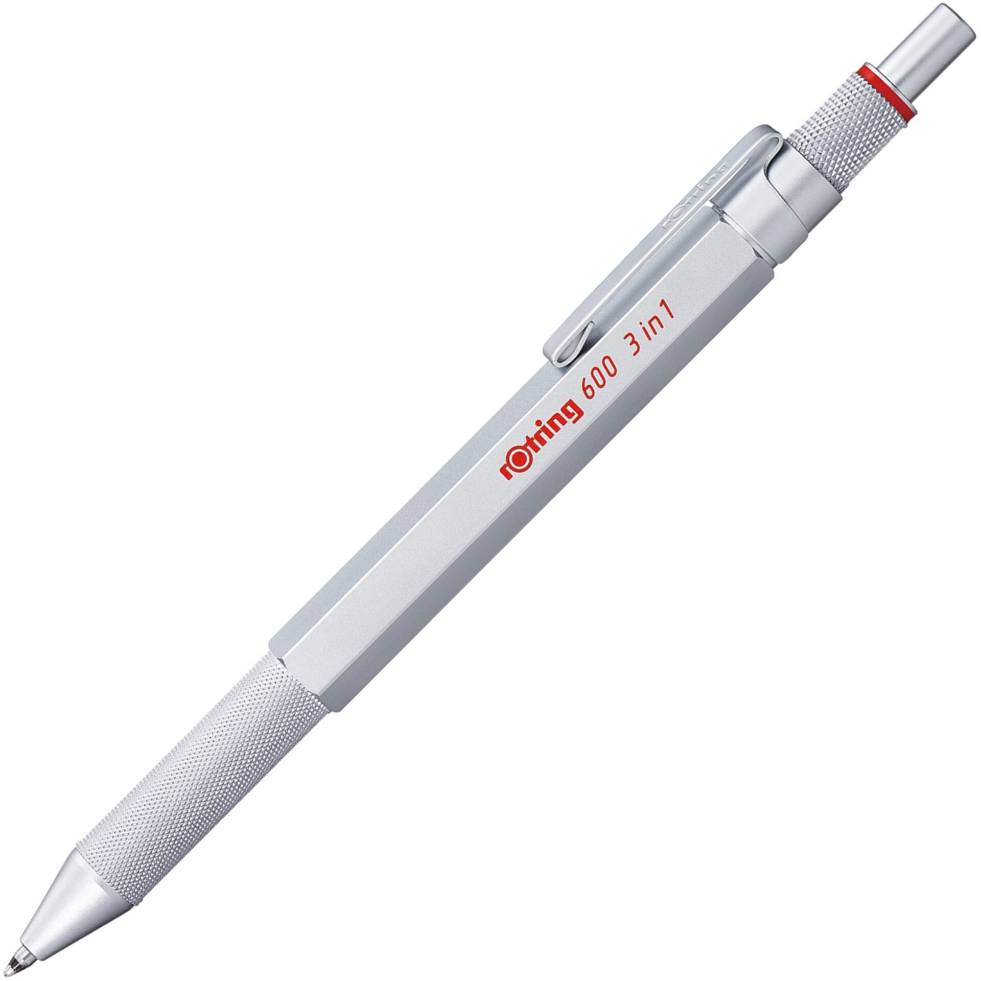 rOtring 600 Multipen 3-u-1 srebrna – kemijska i tehnička olovka (plava, crvena, mina 0.5 mm)